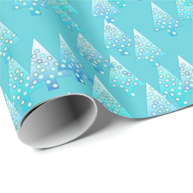 Papel De Presente Árvores de Natal, flores, modernas, turquesa, azul (Ponta do rolo)