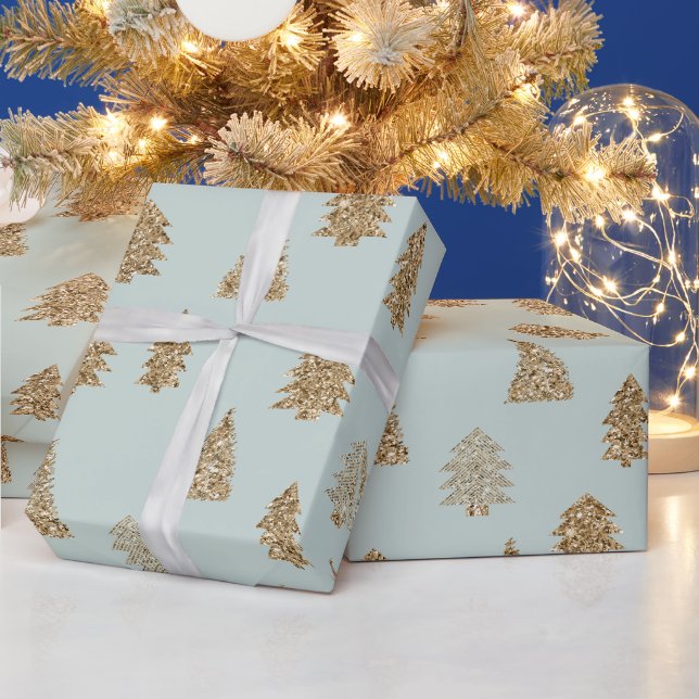 Papel De Presente Árvores de Natal Glam com Brilho Dourado e Menta (Feriados)