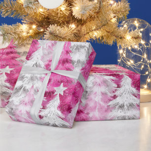 Papel De Presente Árvores de Natal Grelha-Rosa-Rosa Cinza