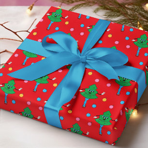 Papel De Presente Árvores de Natal Groovy Retrô Padrão Vermelho Verd