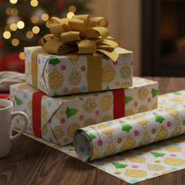 Papel De Presente Árvores de Natal Ilustradas & Enfeites Dourados
