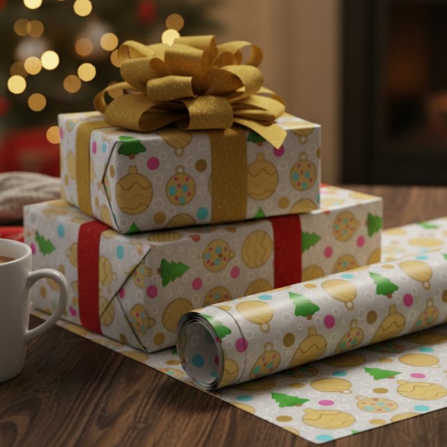 Papel De Presente Árvores de Natal Ilustradas & Enfeites Dourados (Holiday style hand drawn wrapping paper just waiting for those Christmas gifts.)