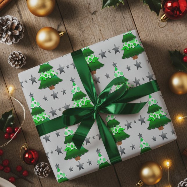 Papel De Presente Árvores de Natal Impressionantes e Estrelas de Pra (Add a little whimsy to Christmas with this hand drawn unusual trees and stars wrapping paper.)