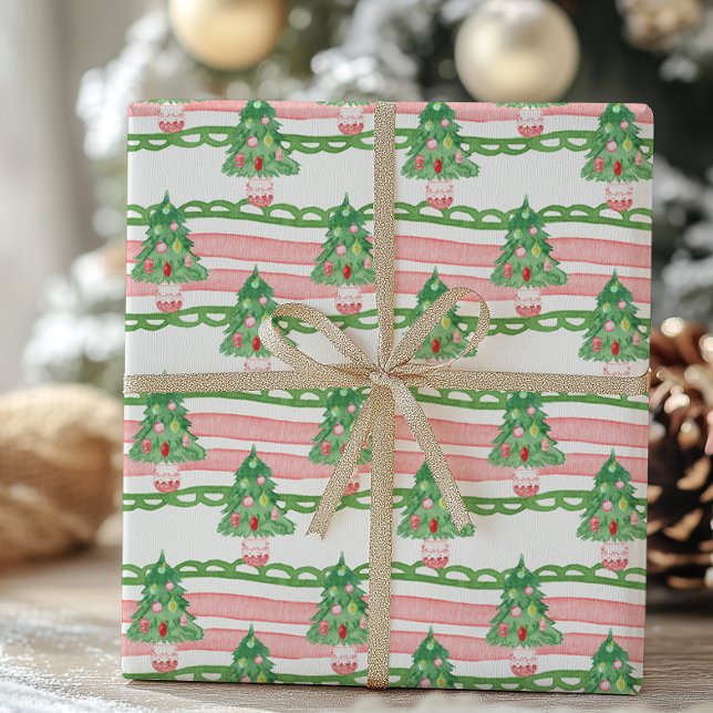 Papel De Presente Árvores de Natal Listradas Caprichosas em Aquarela (Criador carregado)