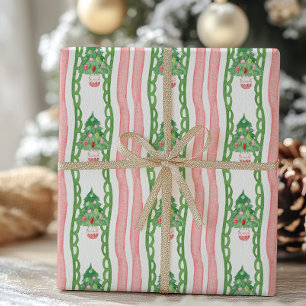 Papel De Presente Árvores de Natal Listradas com Aquarela Caprichosa