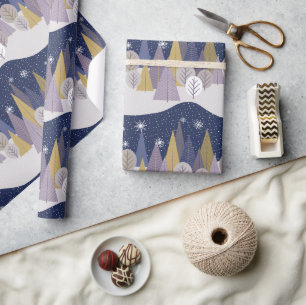 Papel De Presente Árvores de Natal marinho Azul e Dourada Escandina