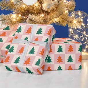 Papel De Presente Árvores de Natal Minimalistas Rosa, Vermelha, Verd