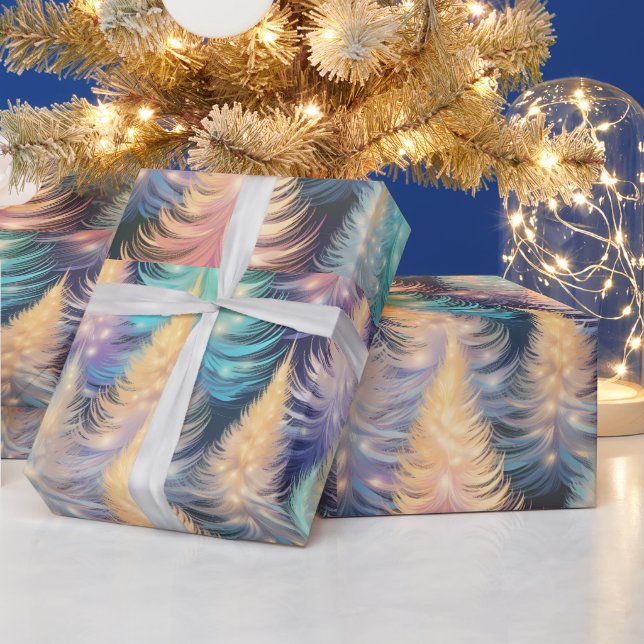 Papel De Presente Árvores de Natal Modernas Azul Verde Dourado (Feriados)