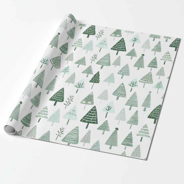 Papel De Presente Árvores de Natal modernas, brancas e verdes (Desenrolado)