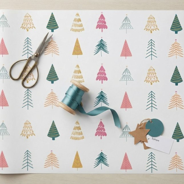 Papel De Presente Árvores de Natal Modernas Ecléticas Rosa Turquesa  (Criador carregado)