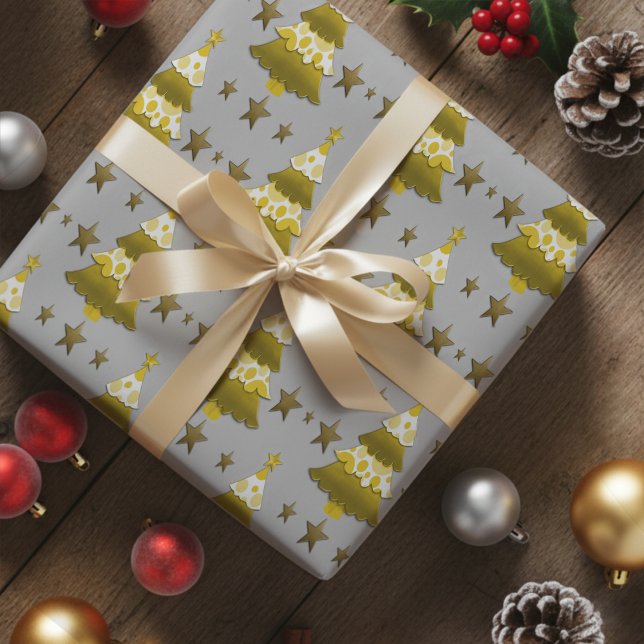 Papel De Presente Árvores de Natal Modernas em Camadas & Estrelas Do (Silver and gold Christmas wrapping paper with trees in a fun unique design.)