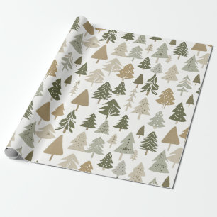 Papel De Presente Árvores de Natal Modernas - Padrão Verde-Azeitona
