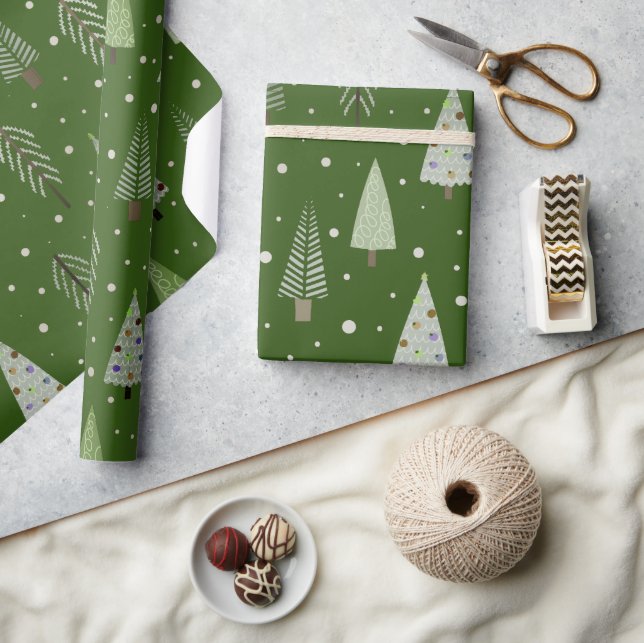 Papel De Presente Árvores de Natal Modernas - Padrão Verde-Azeitona (Artesanato)