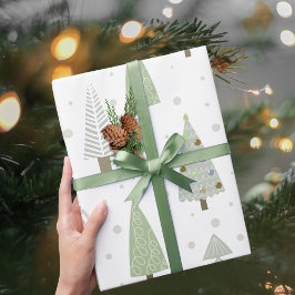 Papel De Presente Árvores de Natal Modernas - Padrão Verde-Azeitona