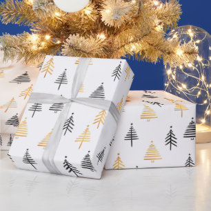 Papel De Presente Árvores de Natal Modernas Pretas Douradas em Branc