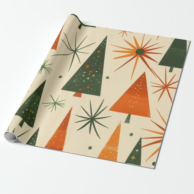 Papel De Presente Árvores de Natal Modernas Retro de Meados do Sécul (Desenrolado)