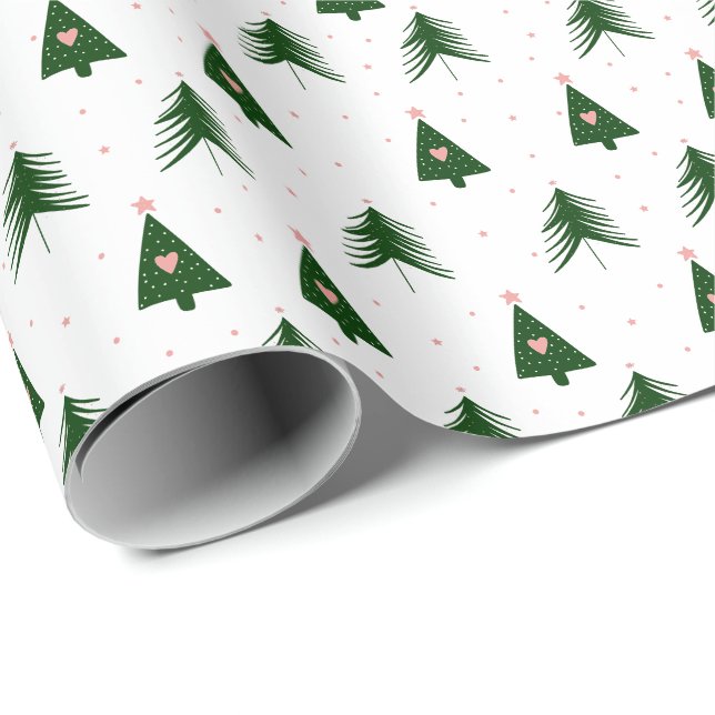 Papel De Presente Árvores de Natal Modernas Rosa e Verde Feriado (Ponta do rolo)