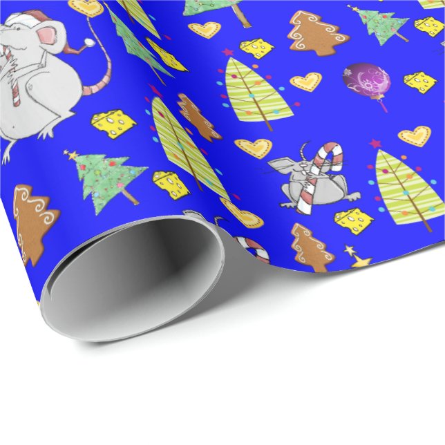 Papel De Presente Árvores de Natal Molhando Papel Mouse Azul Queijo (Ponta do rolo)