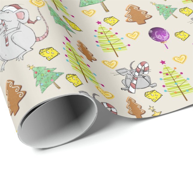 Papel De Presente Árvores de Natal Molhando Papel Mouse Beige Queijo (Ponta do rolo)