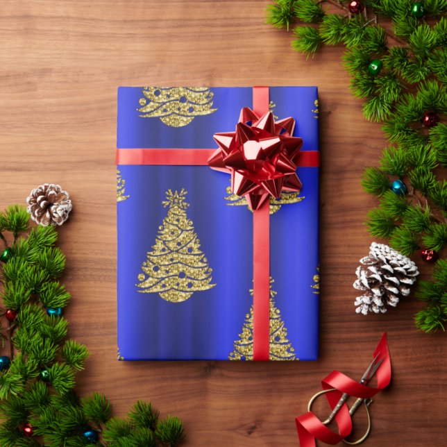 Papel De Presente Árvores de Natal ouro em Azul (Criador carregado)