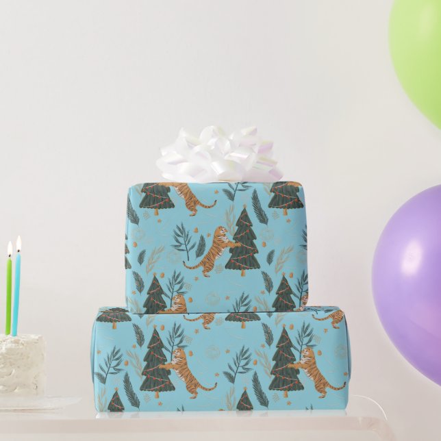 Papel De Presente Árvores de Natal & padrão de tigres Fundo azul (Presentes para festas)
