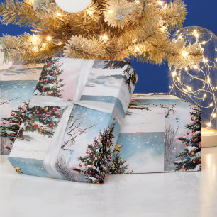 Papel De Presente Árvores de Natal paisagem de neve de inverno