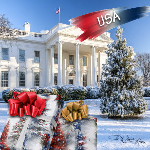 Papel De Presente Árvores de Natal Patrióticas Festivas