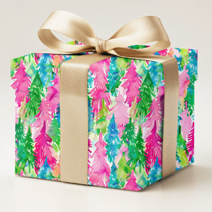 Papel De Presente Árvores de Natal Préppy Coloridas em Aquarela