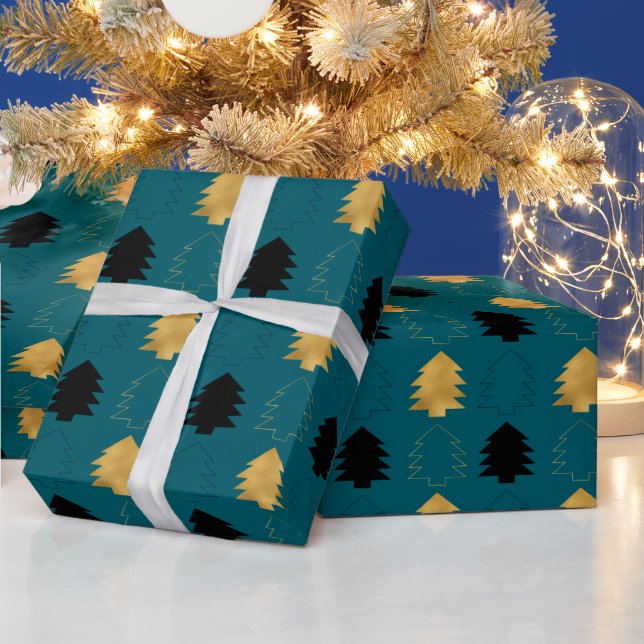 Papel De Presente Árvores de Natal Pretas Douradas Verde Teal (Feriados)