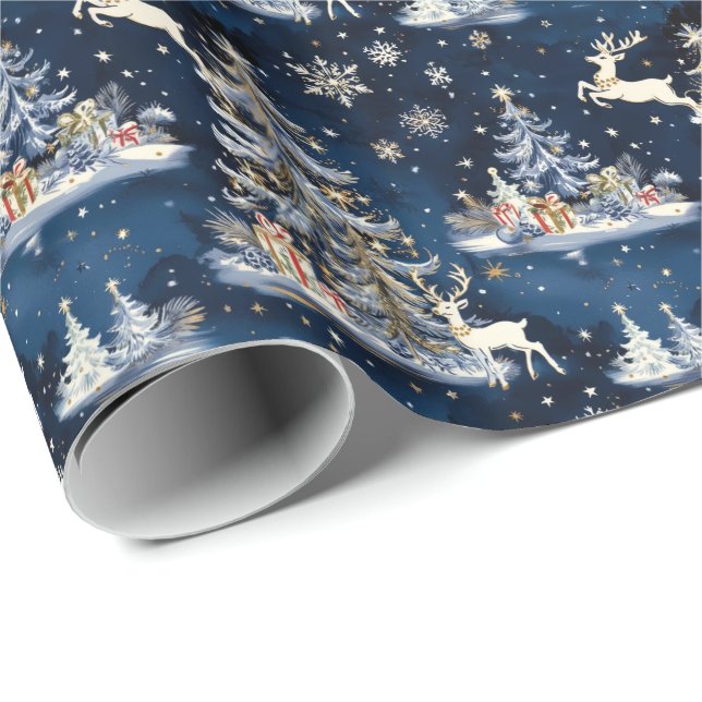 Papel De Presente Árvores de Natal, Reindeer e Flocos de Neve (Ponta do rolo)