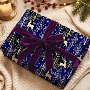 Papel De Presente Árvores de Natal Rena Clássicas Azuis Elegantes
