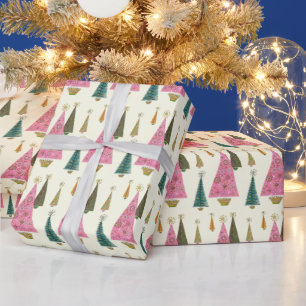 Papel De Presente Árvores de Natal Retro Rosa Dourado Verde