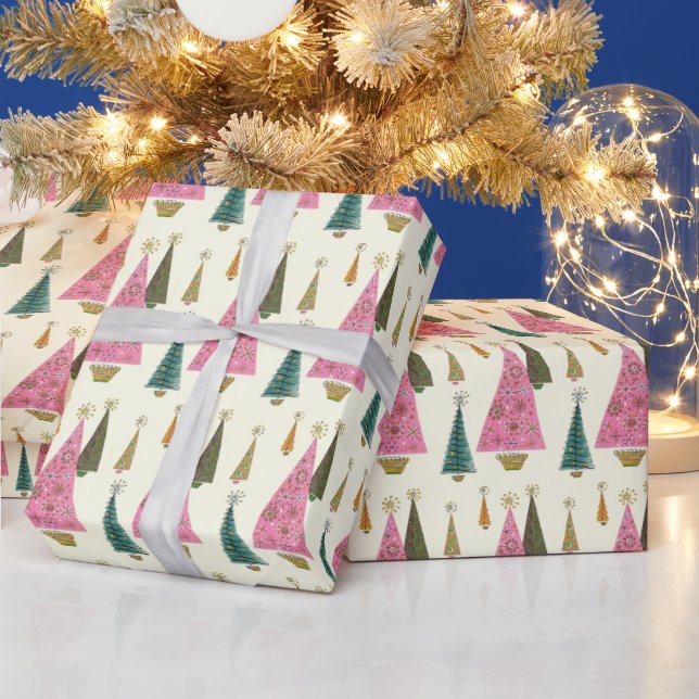 Papel De Presente Árvores de Natal Retro Rosa Dourado Verde (Feriados)