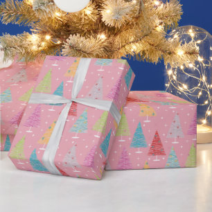 Papel De Presente Árvores de Natal retrógradas Pink Natal