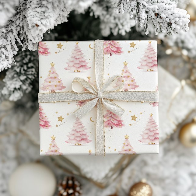 Papel De Presente Árvores de Natal Rosa (Pink Christmas Trees Gift Wrap Paper )