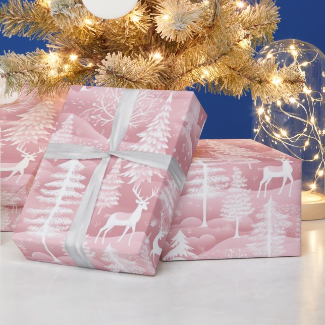 Papel De Presente Árvores de Natal Rosa e Branco (Feriados)