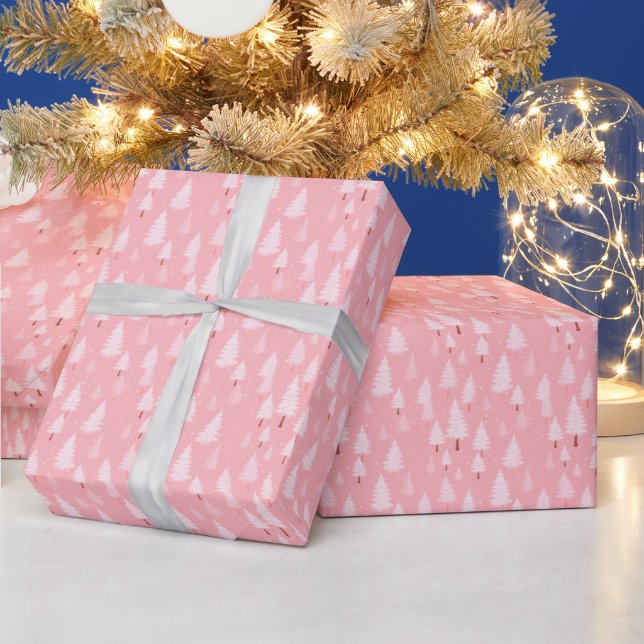 Papel De Presente Árvores de Natal Rosa e Branco Natal (Feriados)
