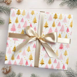 Papel De Presente Árvores de Natal rosa e Douradas