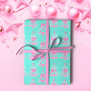 Papel De Presente Árvores de Natal rosa e mint Coquette