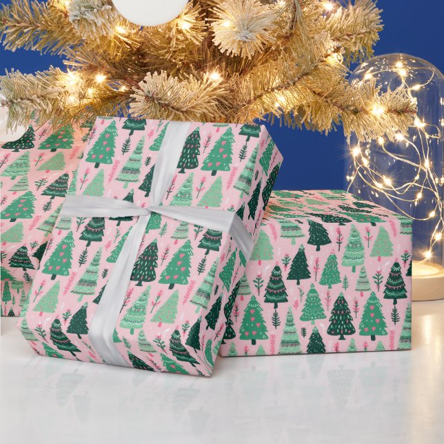 Papel De Presente Árvores de Natal Rosa e Verde (Feriados)