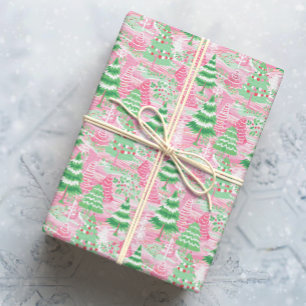 Papel De Presente Árvores de Natal rosa e verde