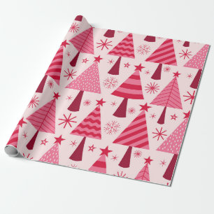 Papel De Presente Árvores de Natal Rosa e Vermelho Padrão Minimalist