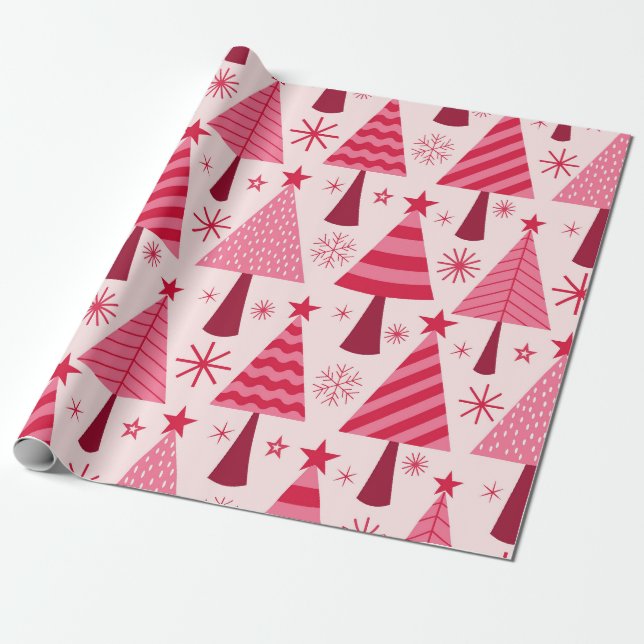 Papel De Presente Árvores de Natal Rosa e Vermelho Padrão Minimalist (Desenrolado)
