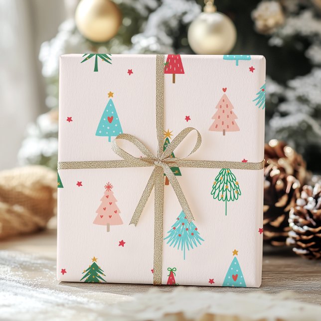 Papel De Presente Árvores de Natal Rosa Pastel Natal Caprichoso (Criador carregado)
