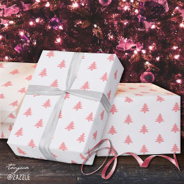 Papel De Presente Árvores de Natal Rosa Simples Modernas em Branco