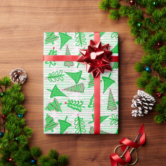 Papel De Presente Árvores de Natal Rosa Verde (Presente de Natal)
