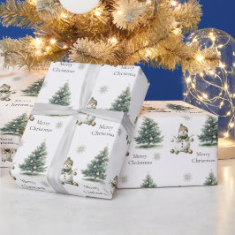 Papel De Presente Árvores de Natal Rustic Green Douradas Cream Snowm