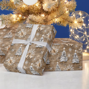 Papel De Presente Árvores de Natal Rústicas, Sininhos e Flocos de Ne