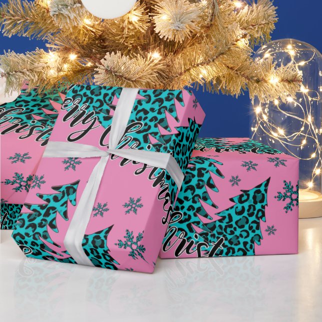 Papel De Presente Árvores de Natal Teal e Pink Cheetah Impressão (Feriados)