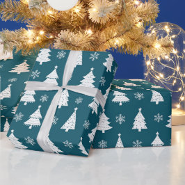 Papel De Presente Árvores de Natal Teal White Winter